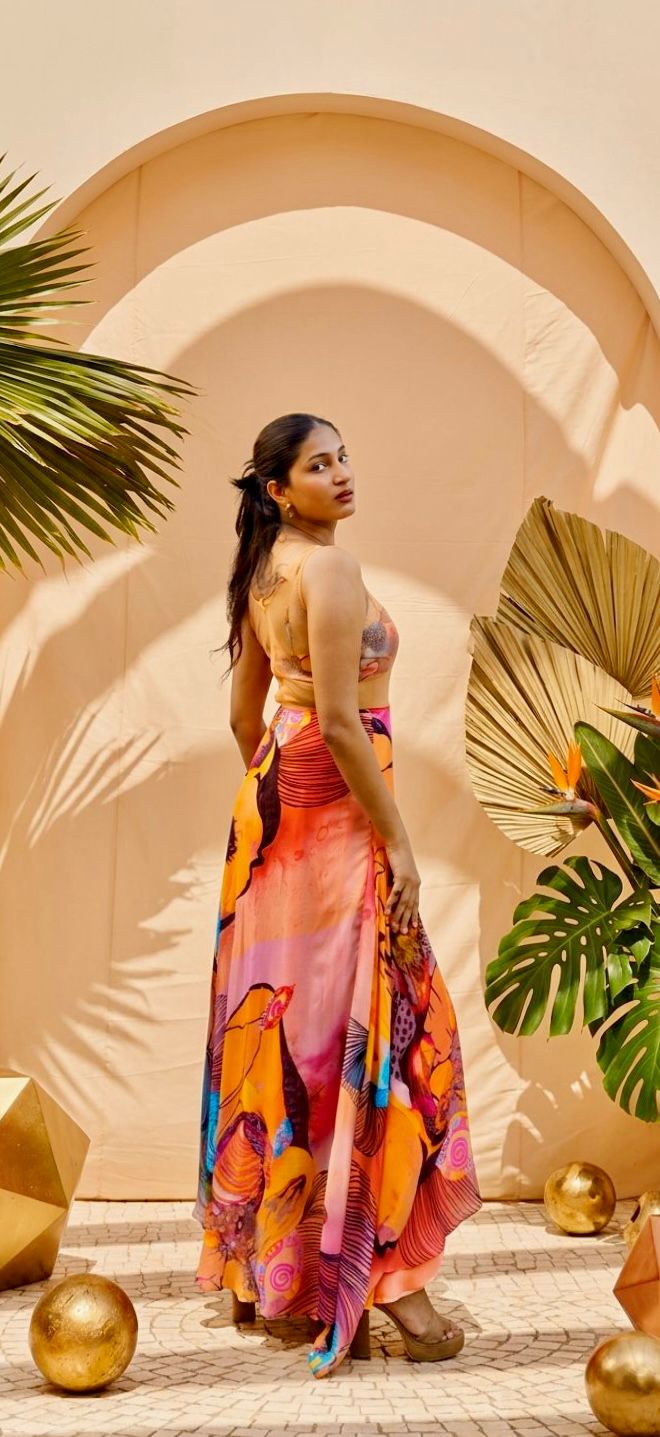 Sunset Bloom Draped Skirt Set
